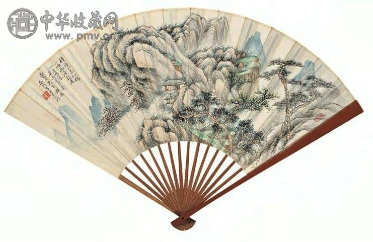 马兆桢 吴进贤 蓬莱幽居图 隶书临张迁碑 成扇 设色纸本