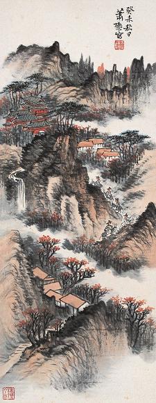 萧愻 癸未(1943年)作 秋山萧寺 立轴 设色纸本