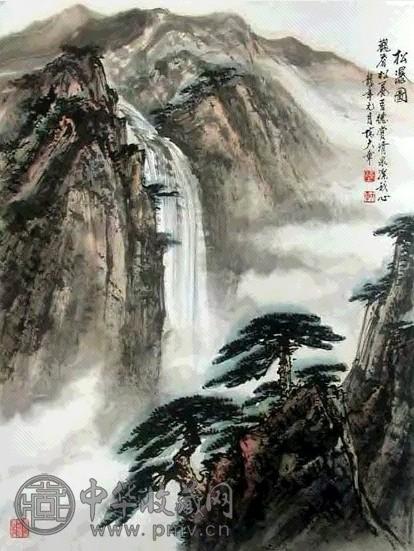 陈大章 松瀑图 立轴 设色纸本