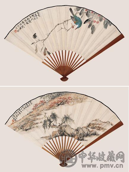 于非闇 张大千 花鸟 山水 成扇 设色纸本