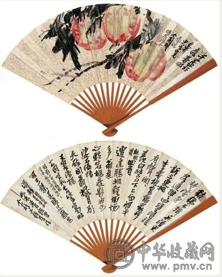 王个簃 三寿 扇面 设色纸本