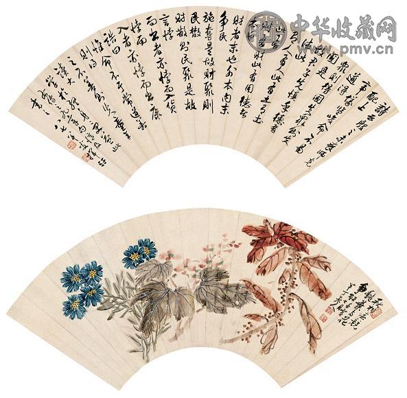 陈半丁 书画双挖 立轴 设色纸本