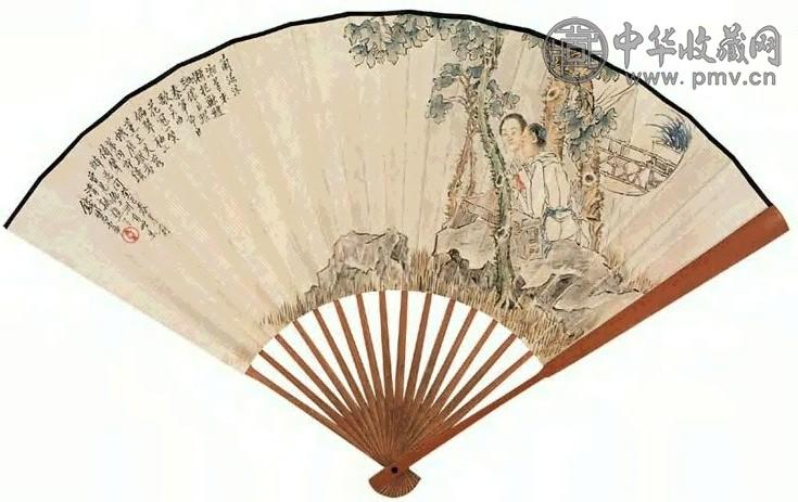 钱慧安 1893年作 梧下听琴 扇面 设色纸本