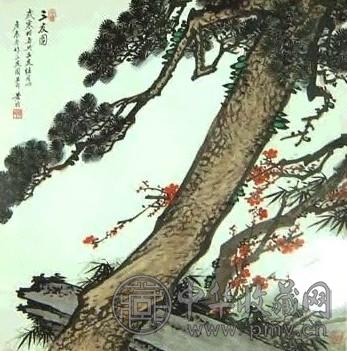 黄均 三友图 镜心 设色纸本