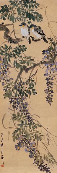 张书旂 己丑(1949年) 紫藤小鸟 立轴 设色纸本