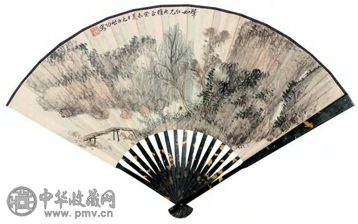 启功 癸未(1943年)作 柳塘高士图 扇面 设色纸本