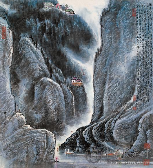 李行简 2005年作 山水 四屏 设色纸本