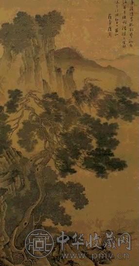 唐寅 晚风渔艇图 立轴 设色绢本