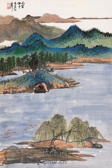 谢稚柳 丙寅(1986年)作 柳塘归雁 镜心 设色纸本