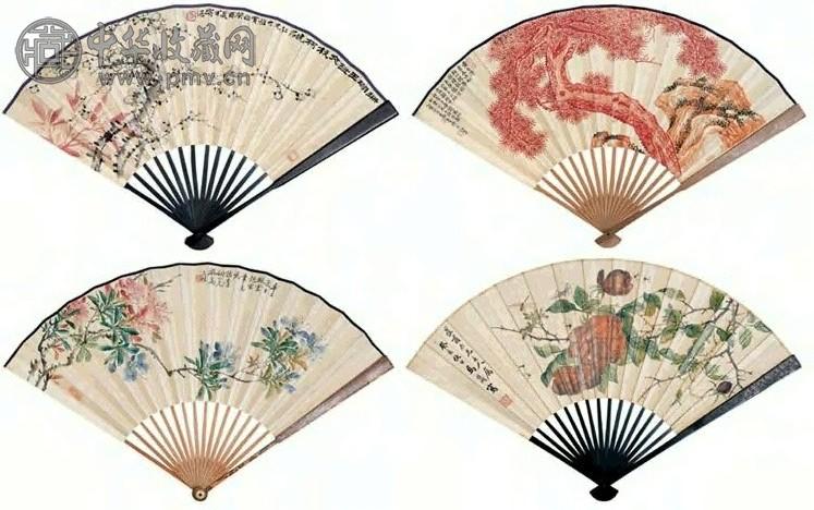 马家桐 花卉树石 四件 扇面 设色纸本