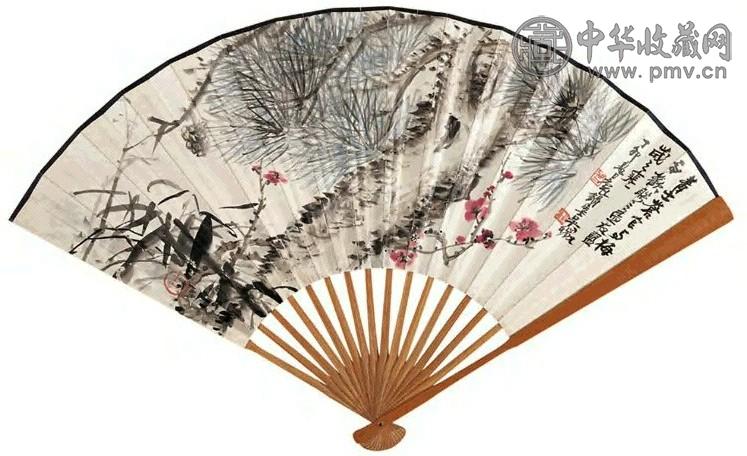 吴待秋 1927年作 三清图并行书诗话 成扇 纸本设色