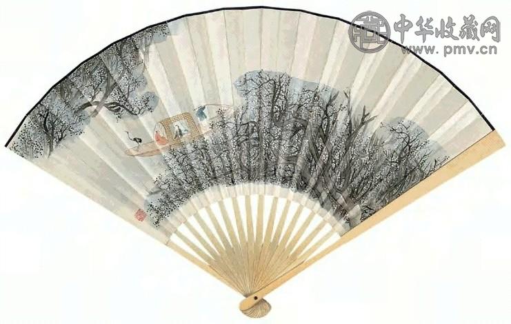 俞明 梅妻鹤子图并行书七言诗 成扇 设色纸本