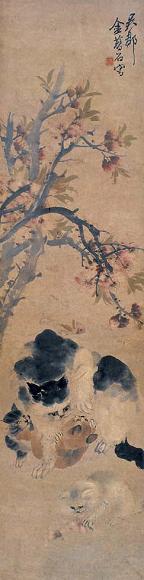 金梦石 桃花犬戏图 立轴 设色纸本
