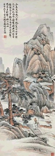 冯超然 板桥持杖图 立轴 设色纸本