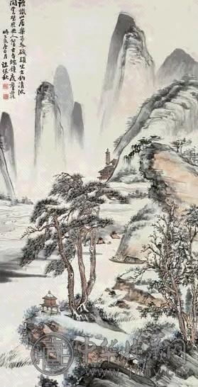 诸健秋 1935年作 古剎闲钓图 立轴 设色纸本