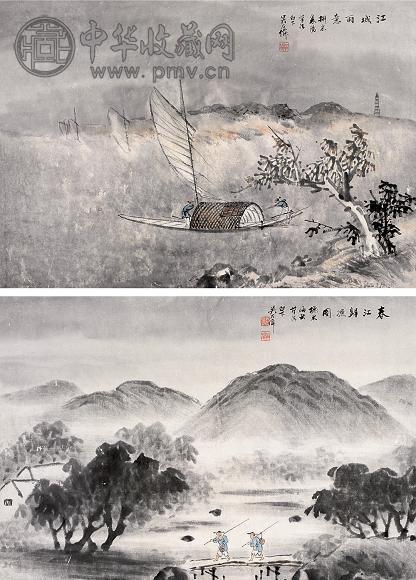 吴石僊 1865年作 春江烟雨 册页(6开选2) 设色纸本