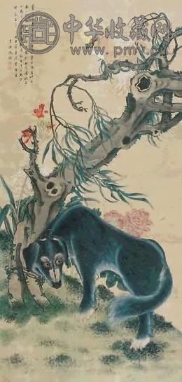 沈铨 簪花鹦鹉戏犬图 立轴 纸本