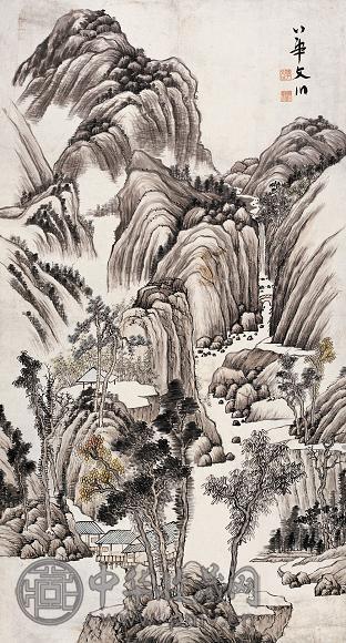 华文川 山水人物图 立轴 设色纸本