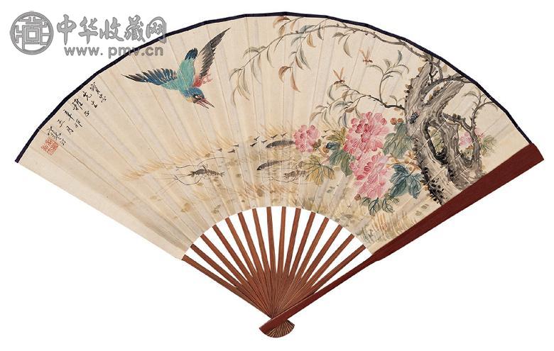 江寒汀 1951年作 春塘翠雀 成扇 设色纸本