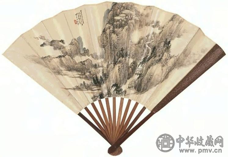 萧俊贤 1921年作 山水(背面萧俊贤梅花) 成扇 设色纸本