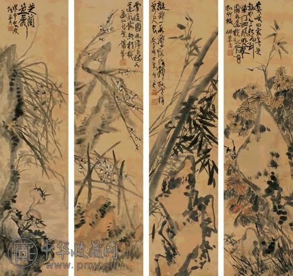 蒲华 1908年作 梅兰竹菊屏 四屏 设色纸本