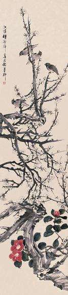 胡郯卿 现代 梅雀迎春 立轴 设色纸本