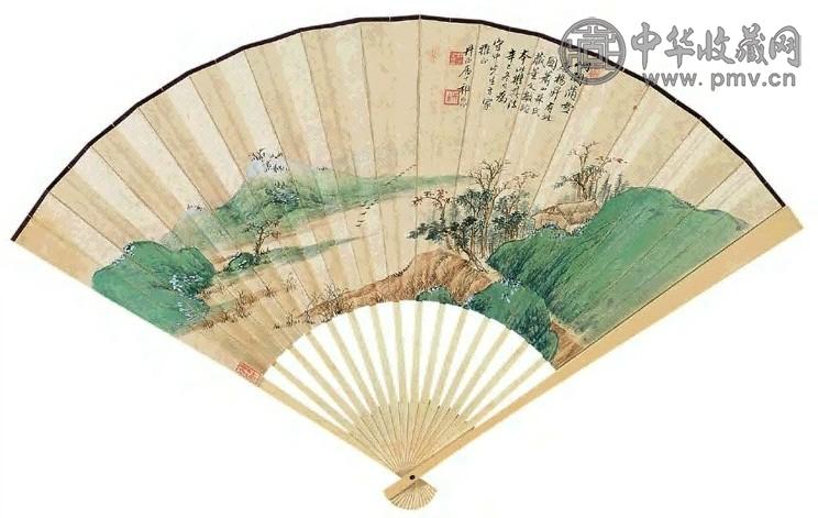 1941年 祁崑 峒关蒲雪图并行书 成扇 设色纸本
