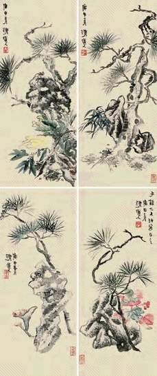 李瑞清 庚申(1920年)作 松石 四屏 设色绢本