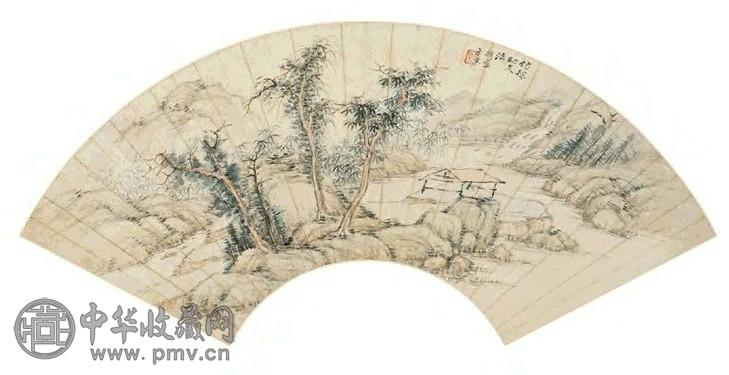 方熏 林溪草亭图 扇页 设色纸本