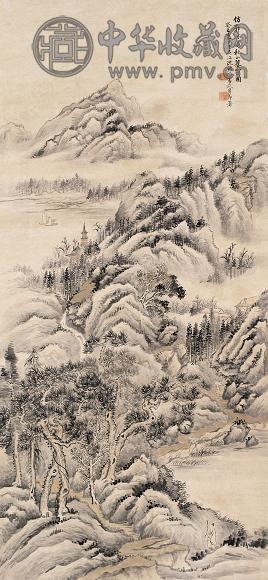 沈塘 秋山暮霭图 立轴 设色纸本