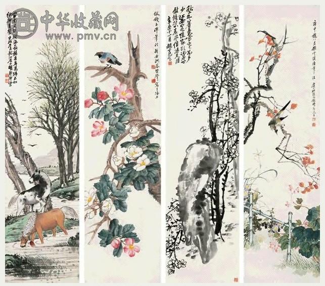 胡郯卿 1922年作 花鸟走兽 四屏 设色纸本