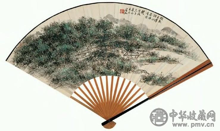 黄宾虹 1952年作 水夜读图 扇面 设色纸本