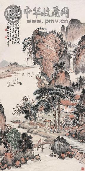 钱松嵒 丁亥(1947年)作 村居图 立轴 设色纸本