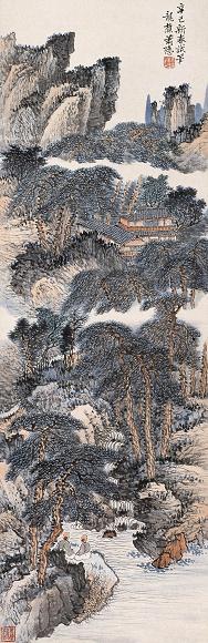 萧谦中 1932年作 松溪观瀑图 立轴 设色纸本