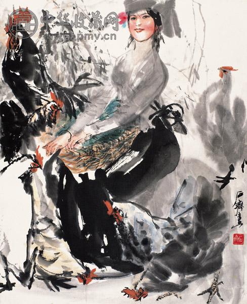 石齐 喂鸡图 立轴 设色纸本