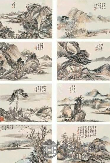 秦炳文 庚子(1840)年作 仿古山水(4件) 屏轴(双挖) 设色/水墨纸本