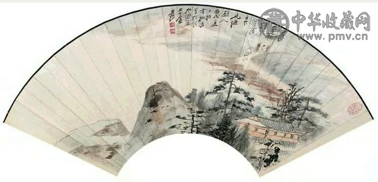 张大千1946年作落日渔樵归扇面设色纸本收藏资讯|艺术家|书画家|书画  