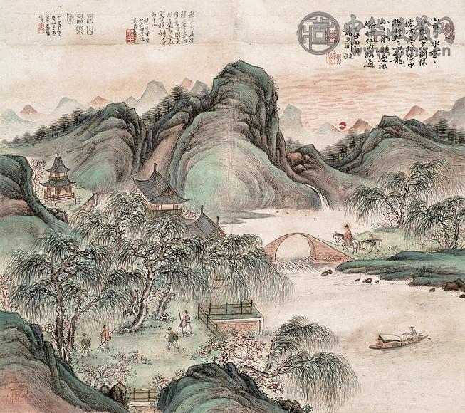 李嘉福 丁亥(1887年)作 溪山欢乐图 立轴 设色纸本