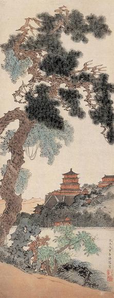 溥儒 戊寅(1938年)作 颐和园景 立轴 设色纸本