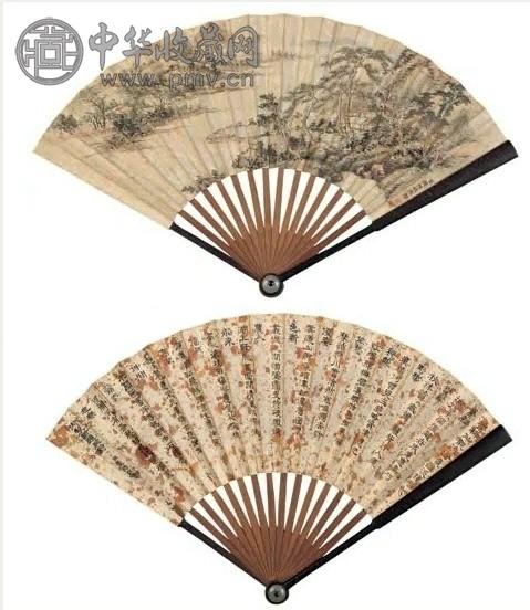 钱维城 山水(2件) 成扇 设色纸本