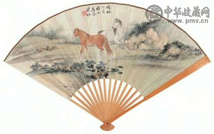 溥佐 双骏图 扇面 设色纸本