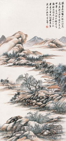 顾西津 松影水村图 立轴 设色纸本