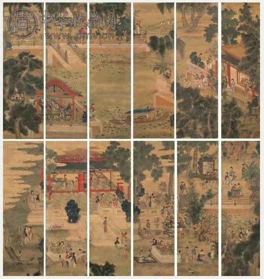 仇英 百美图 十二屏 设色绢本