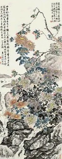 陆恢 丁巳(1917年)作 杞菊泉石 立轴 设色纸本