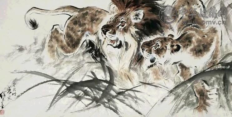 刘继卣 双狮 横披 设色纸本