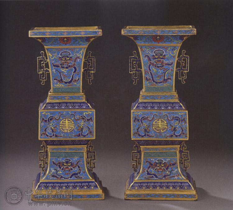 清乾隆 掐紫珐琅双龙耳方形花觚(1对)