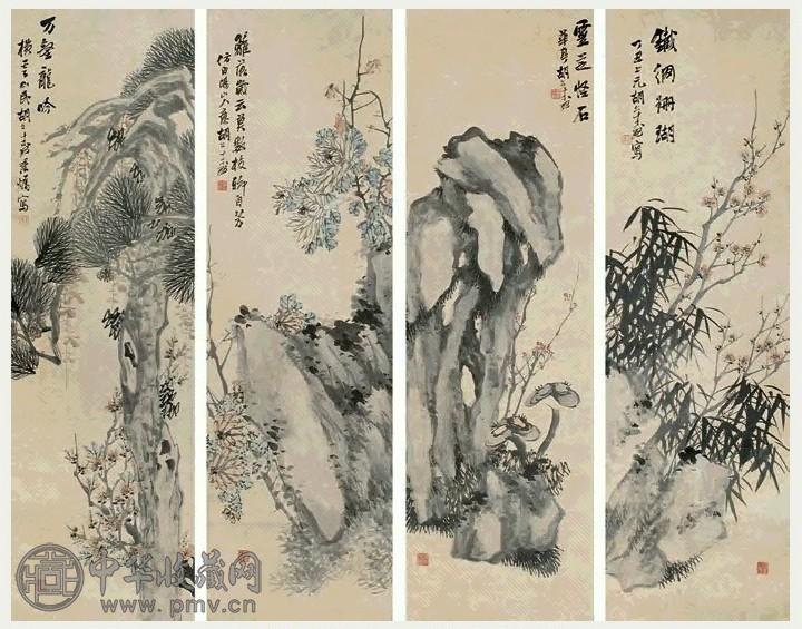 胡公寿 1877年 花卉 四屏 设色纸本