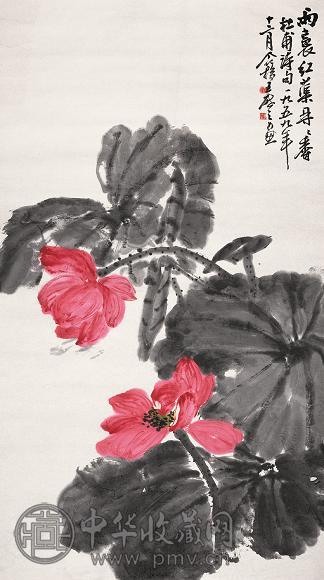 王个簃 1959年作 红荷 镜心 设色纸本