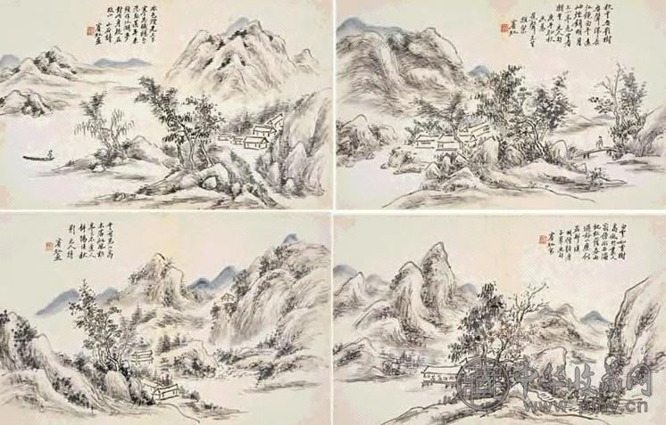 黄宾虹 1930年 山水四景 册页 四开 设色纸本