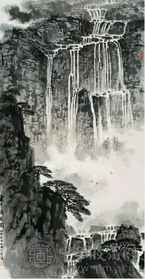 宋文治 丙辰(1976年)作 云中飞泉图 立轴 设色纸本